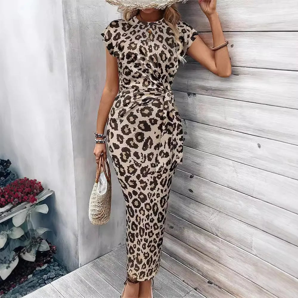 Summer New Leopard Print Short Sleeve Dress Waist-Cinching Commute round Neck Slim Fit Women's Fashion Dress