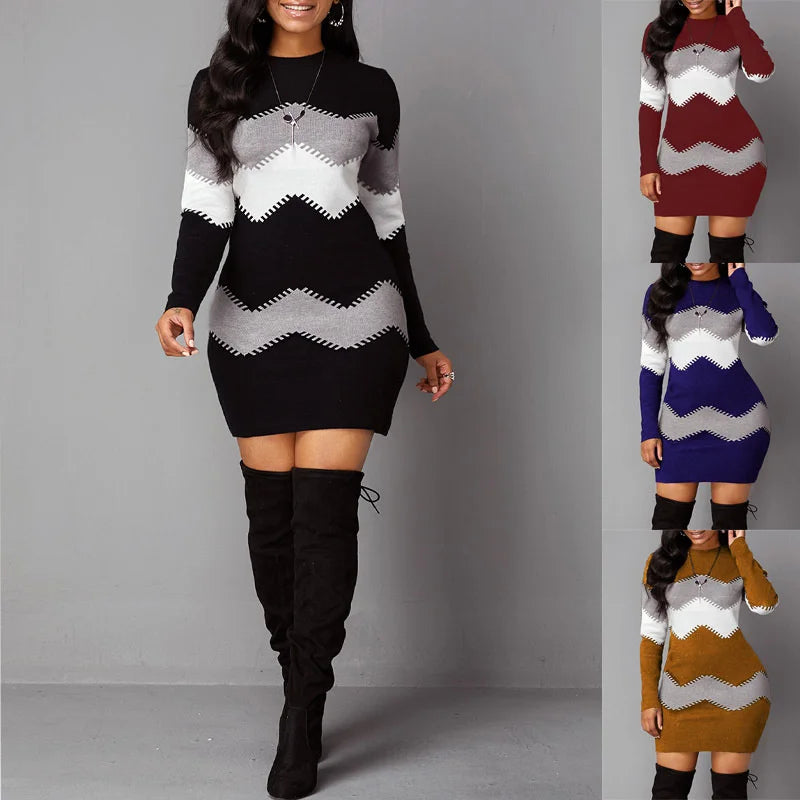2025 Autumn Women's French Velvet Mini Dress Elegant Colour Blocking Casual Streetwear Femme Casual Slim Fit Pullover Dresses