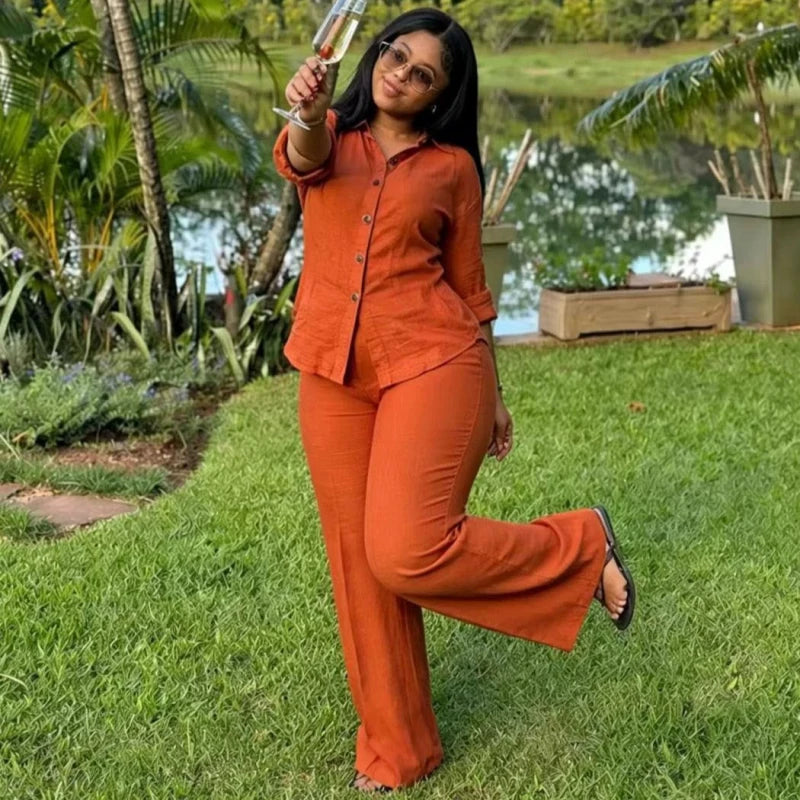Elegant Chic Casual African Fahsion Women Two Piece Set Solid Color Single Breasted Shirt And Pants Set Outfits
