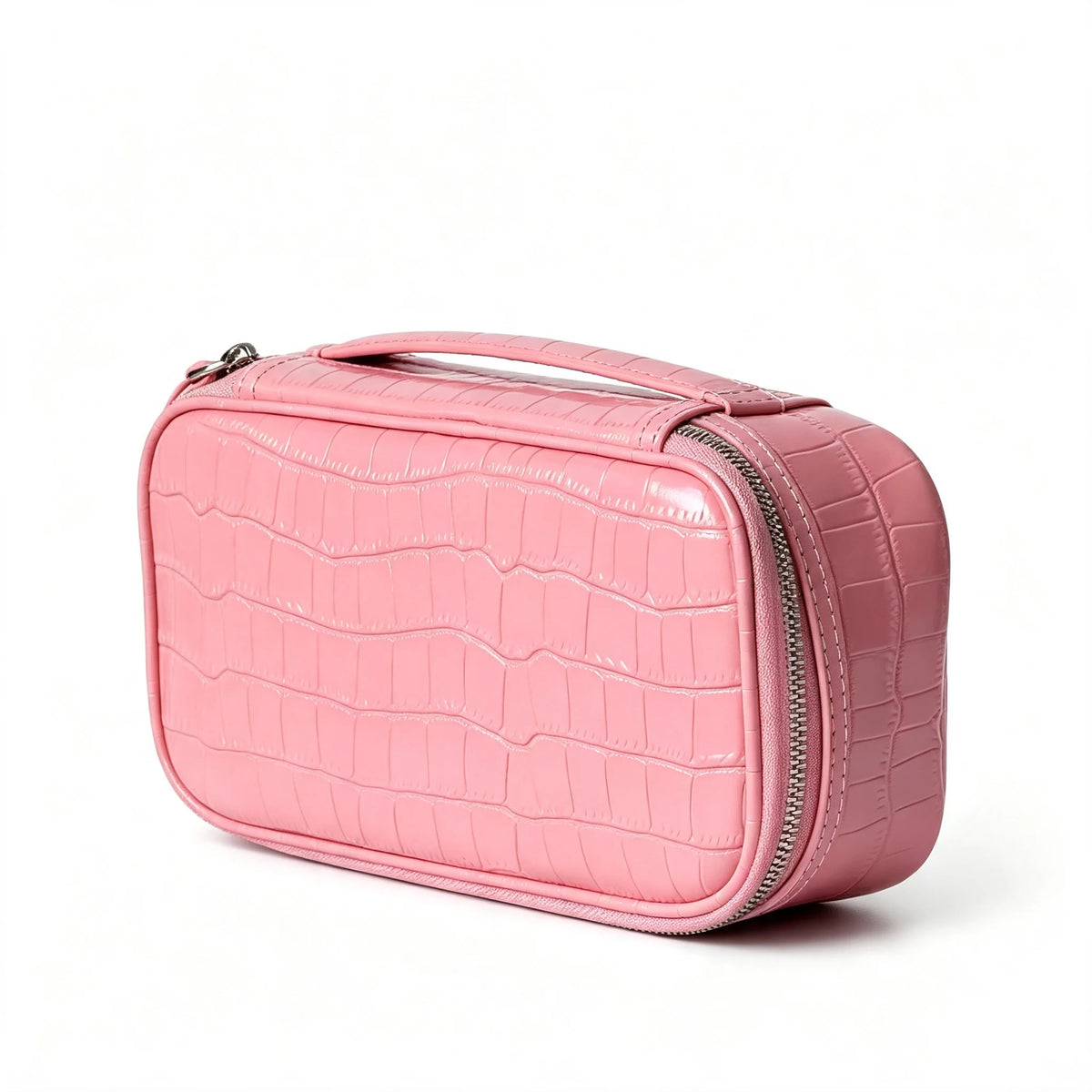Pink Cowhide Crocodile Pattern Cosmetic Bag Luxury Large Capacity Genuine Leather Travel Toiletry Storage Portable Vanity Case