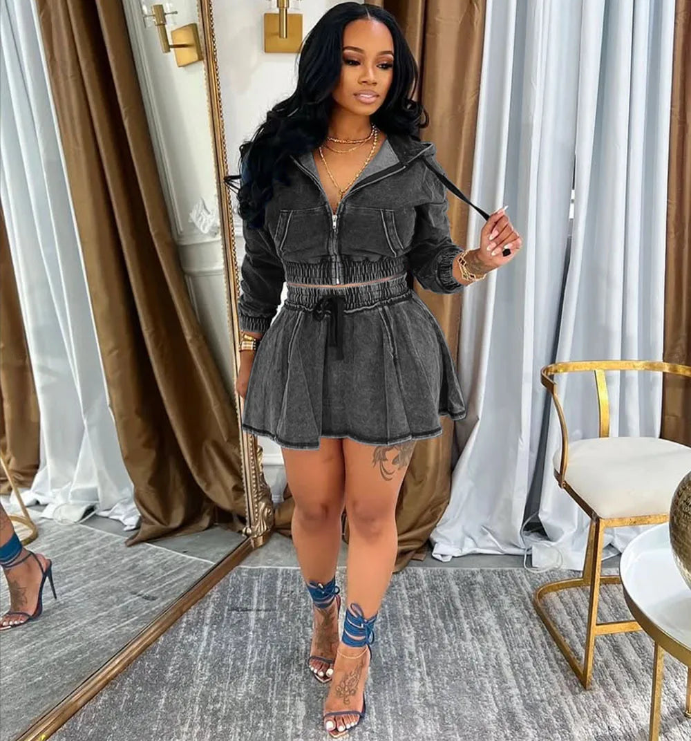 Streetwear Jeans Mini Skirt Outfits Sexy Women Elegant Two Pieces Sporty Club Matching Set Denim Hooded Top+Skirt