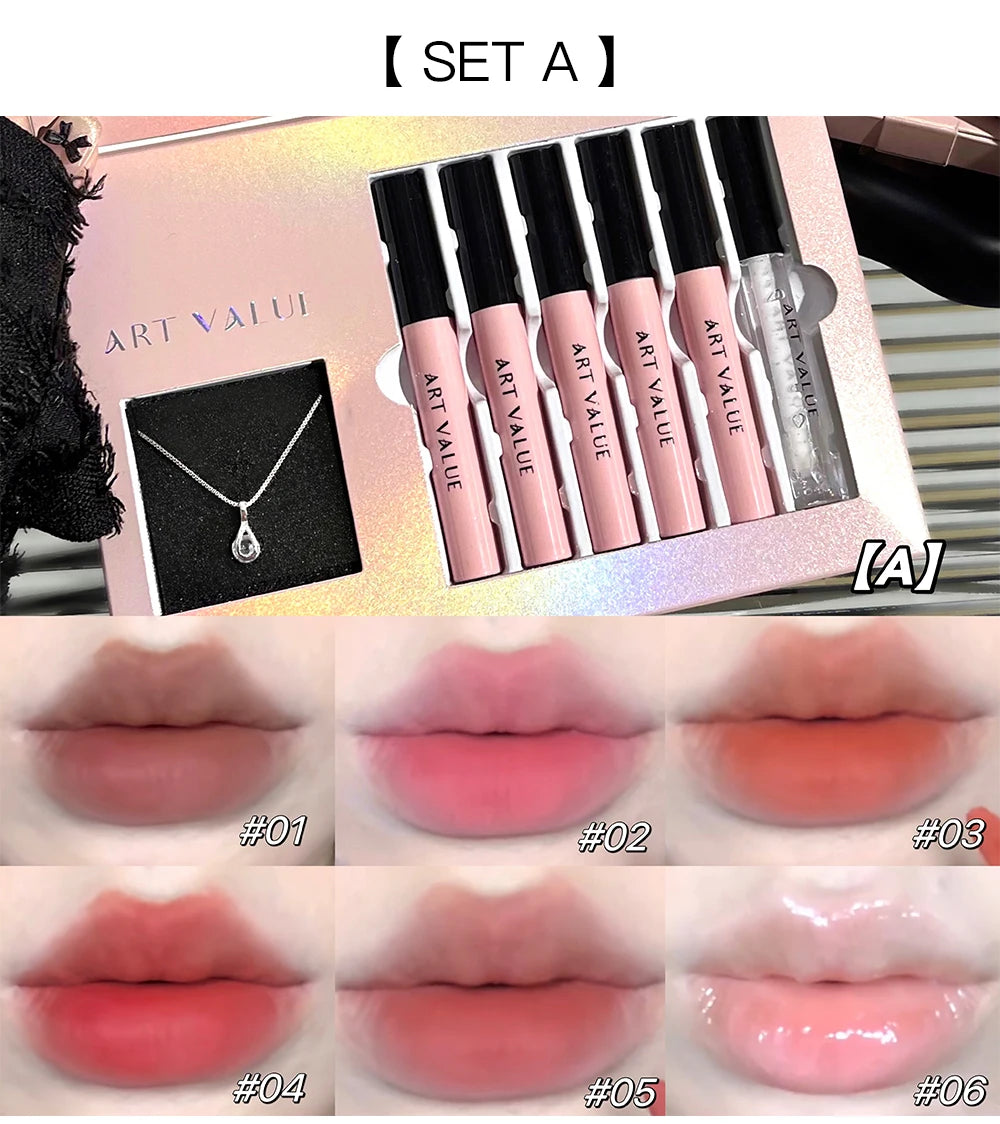Art Value Black Pink Love Letter Lip Makeup Set Whitening Long-lasting Lip Mud Mirror Lip Glaze Gift Lip Glaze Set