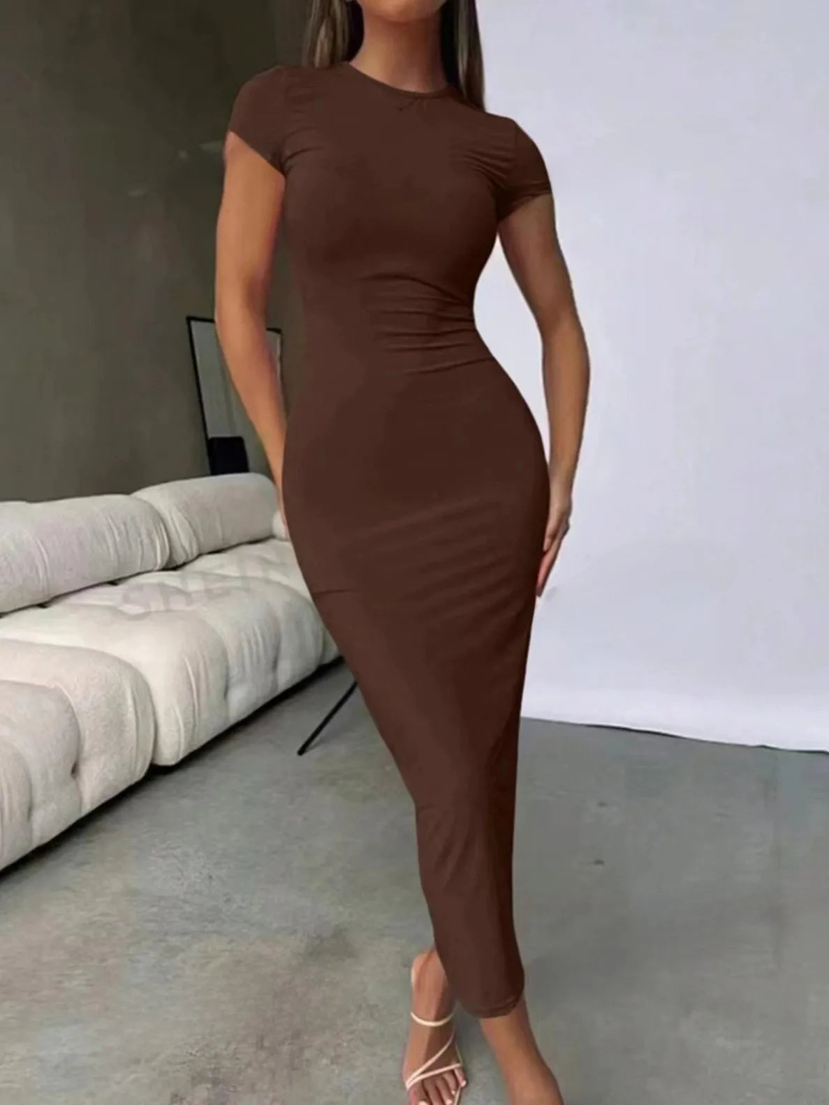 Sexy Skinny Women's Bodycon Party Casual Fashion O-neck Short Sleeve Solid Color Wraped Hip Package LongFemale Sexy Fit Dresses