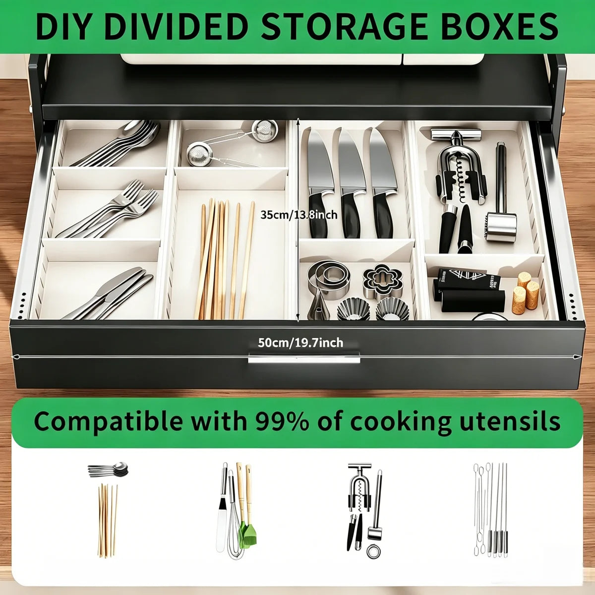 2 Tier Microwave Stand with Storage Drawer, Kitchen Countertop Organiser with Utensil Hooks, Storage Shelf for Oven & Air Fryer