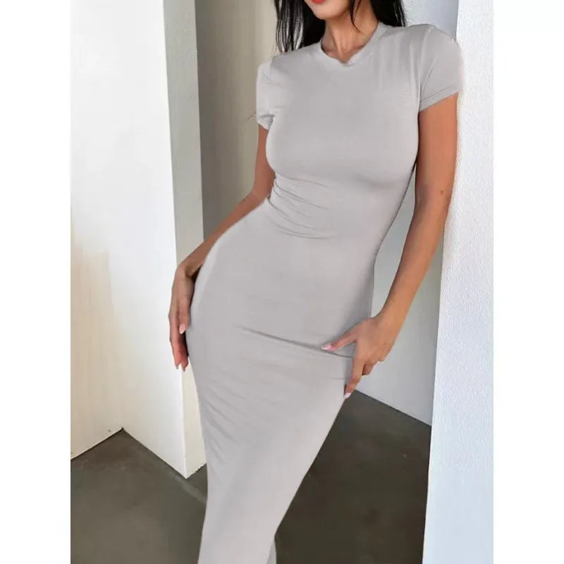 Sexy Skinny Women's Bodycon Party Casual Fashion O-neck Short Sleeve Solid Color Wraped Hip Package LongFemale Sexy Fit Dresses