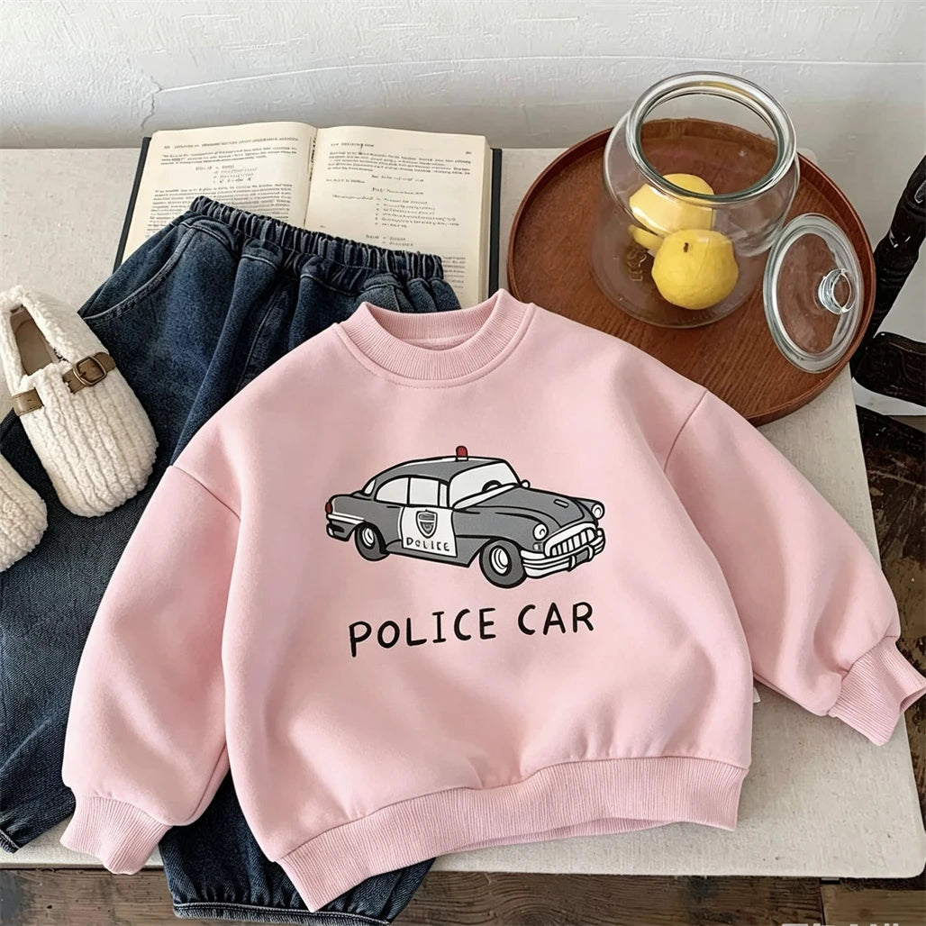 Little Car Print Hoodie Fashion Casual Autumn Clothing Round Neck Pullovers Simple All-match Tops Baby Boys Girls Sweatshirts