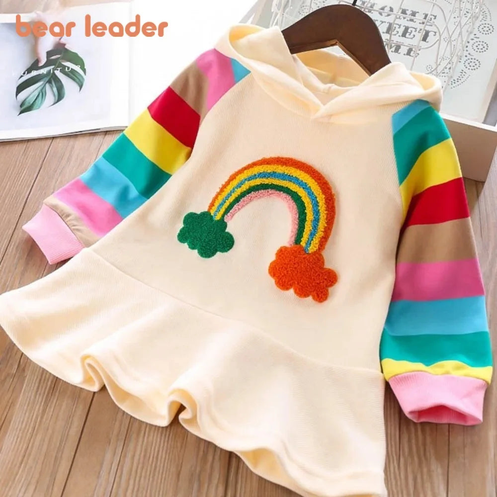 Bear Leader Autumn New Rainbow Printed Long Sleeve Hooded Dress Fashion Casual Sports Girls' Clothing Color Blocked Girls Dress