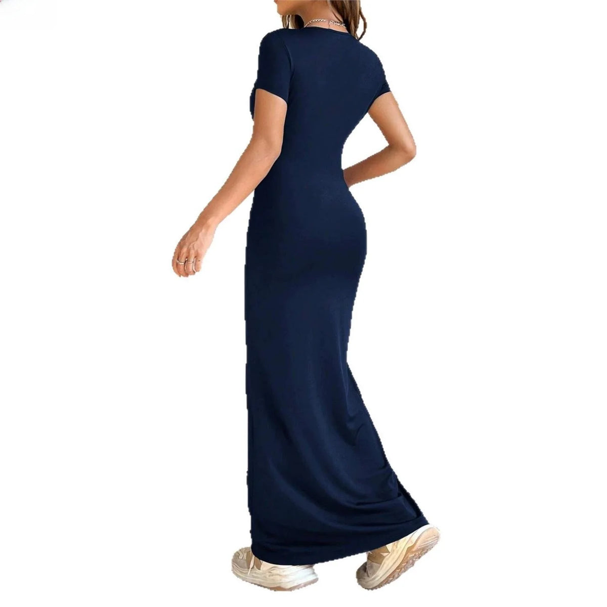 Sexy Slim Fit Short Sleeve round Neck Dress Pure Color Long Dress for Women LinJ2026 Casual European Style mid Waist Skirt