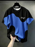 Men'S Casual Round Neck T-Shirt, Geometric Pattern Patchwork Striped Design, "Chicago" Word Pattern Top
