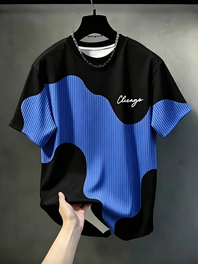 Men'S Casual Round Neck T-Shirt, Geometric Pattern Patchwork Striped Design, "Chicago" Word Pattern Top