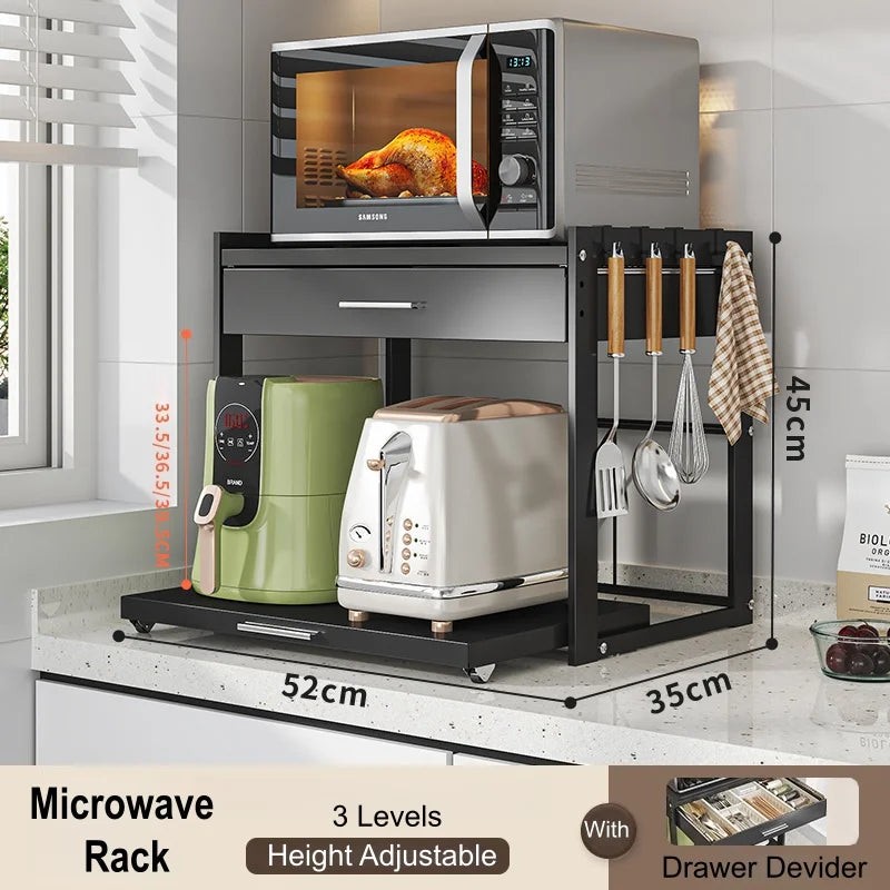 2 Tier Microwave Stand with Storage Drawer, Kitchen Countertop Organiser with Utensil Hooks, Storage Shelf for Oven & Air Fryer