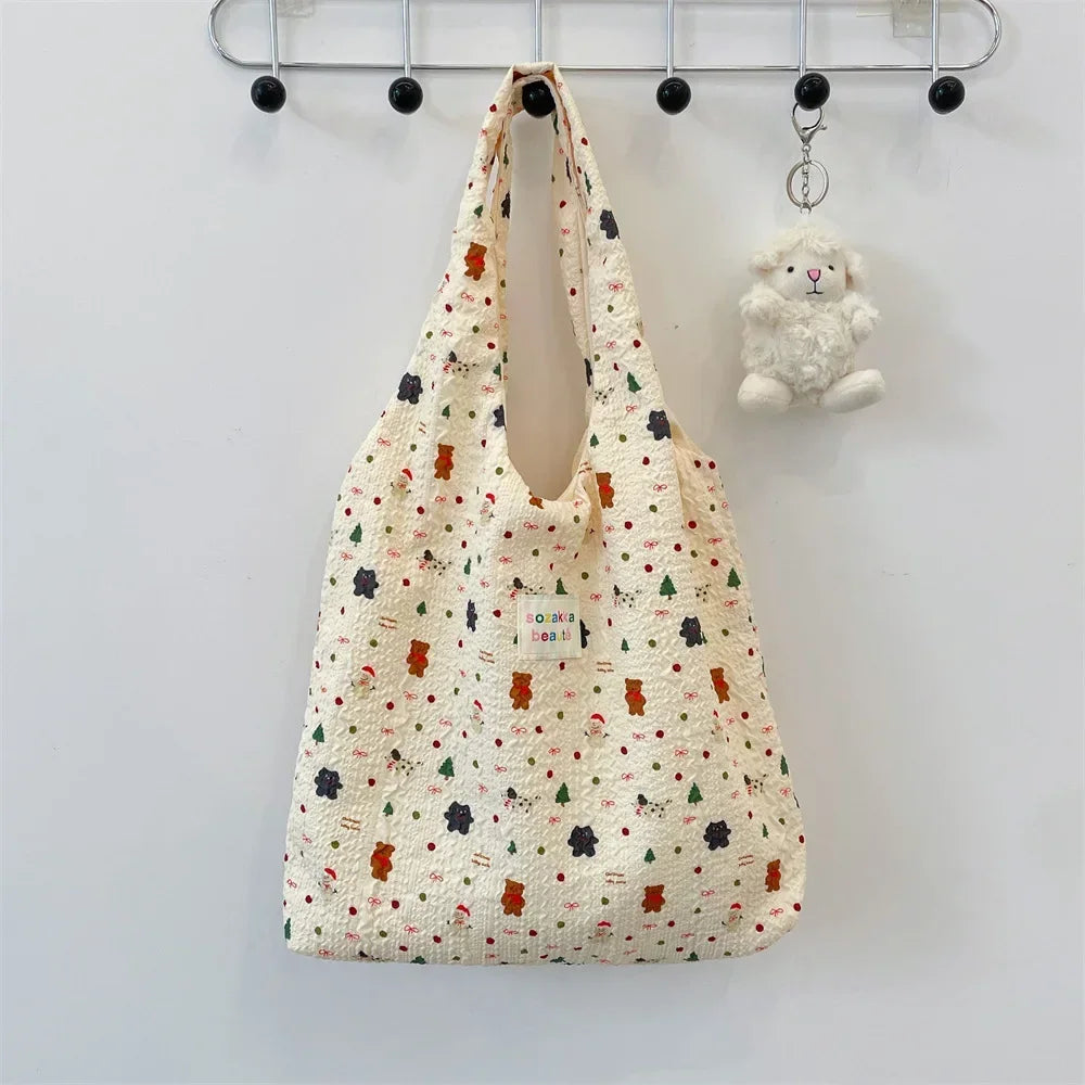 Female Tote Shopping Bag Eco Handbag Reusable Grocery Shopper Purse Korean Women Sweet Cartoon Shoulder Bag Books Pouch
