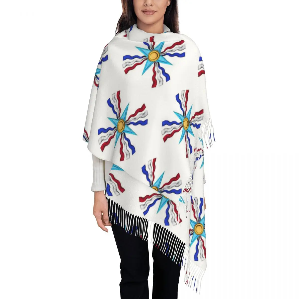 Luxury Assyrian Suryoyo Flag Scarf Tassel Scarves Women Soft Warm Shawls and Wraps Large Fall Winter Shawl Wrap
