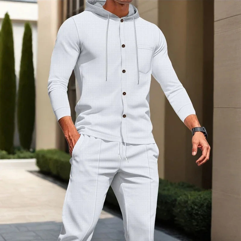 Men's American Autumn Waffle Casual Hooded Color-blocking Long-sleeved Cardigan Jacket And Trousers Set