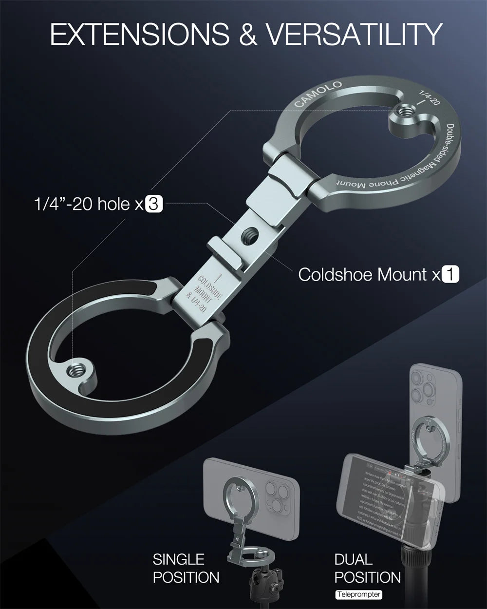 Dual-Sided Magnetic Phone Holder w Cold Shoe 1/4"-20 Gym Car Holder Phone Stand For MagSafe iPhone 17 16 15 14 13 Android Tripod