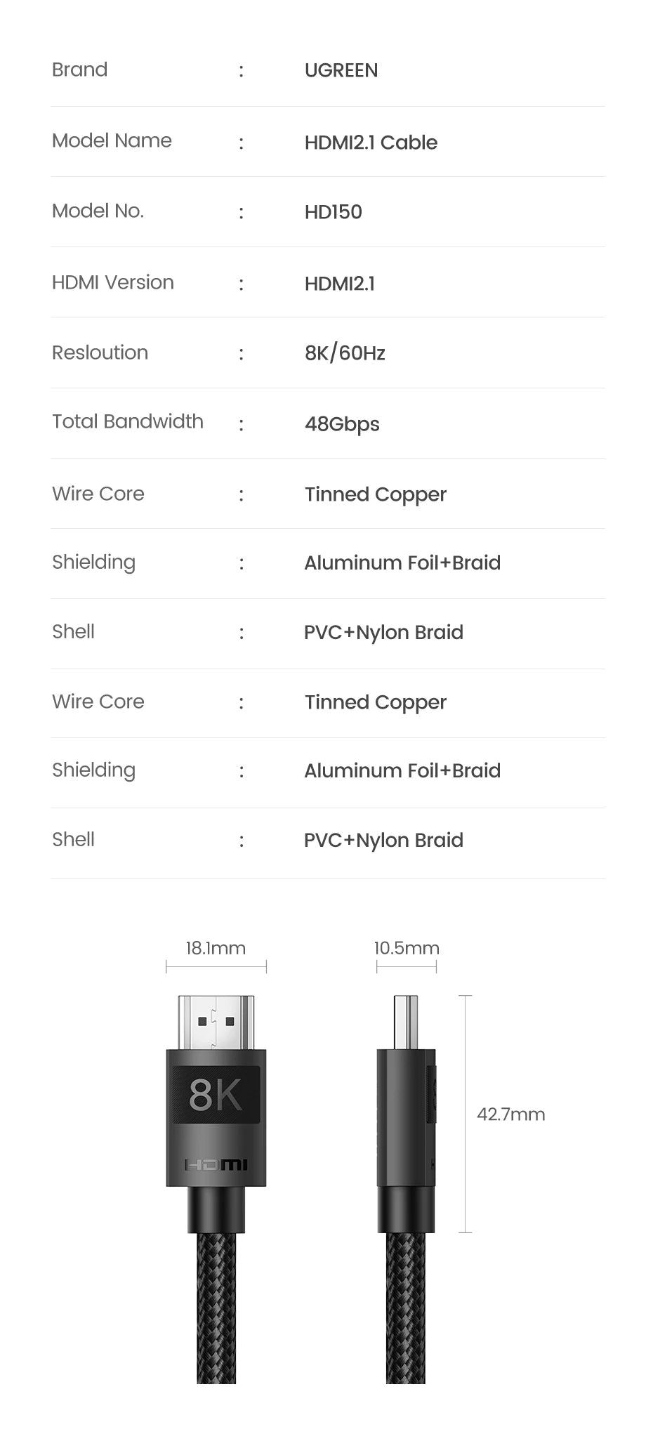 Ugreen HDMI 2.1 Cable Ultra High-speed 8K/60Hz 4K/120Hz for Xiaomi Mi Box PS5 HDMI Splitter Cable HDMI Dolby Vision 48Gbps HDMI