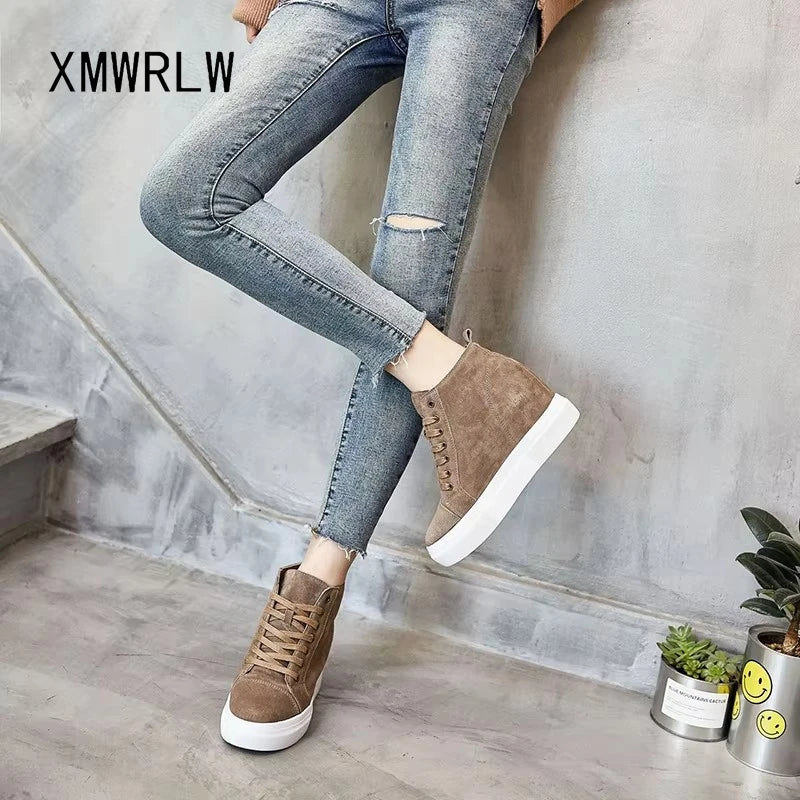 Women's Chunky Sneakers 2025 Winter Genuine Leather Hidden Heels Shoes Warm Plush Platform Sneakers Shoes For Woman Autumn Shoe