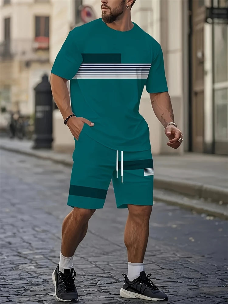 2026 New Spring/Summer Simple Letter 3D Printed Men's Casual Short-sleeved Set, Outdoor Street Fashion Trendy Men's Top And Shor