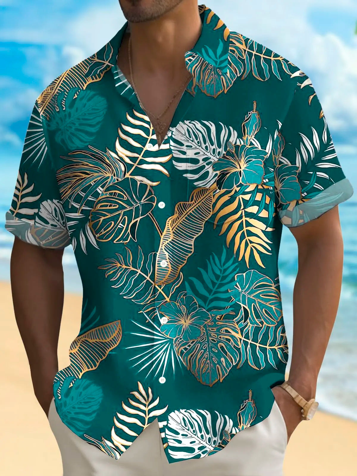 Hawaiian Plant Golden Leaves 3D Print Men's Hawaiian Shirt Outdoor Street Casual Summer Turndown Short Sleeve Polyester Shirt