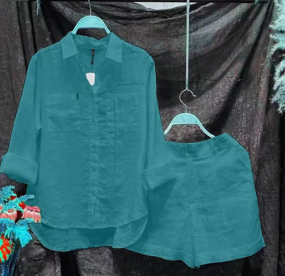 2025 Summer Cotton Linen Casual Shirt Two Piece Set For Women Shorts 2 Piece Sets Outfit Long Sleeve Short Sets Outfits Home