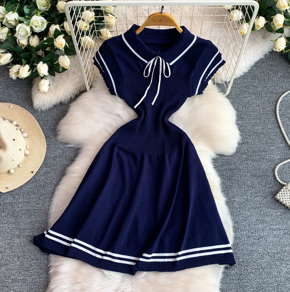 Summer Women Sweet Strechy Sundress Turndown Collar Short Sleeve Knitted Dress Lace Up Bow High Waist A-line Mini Dress