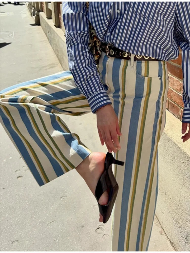 Stripe High-Waisted Wide Leg Trousers Straight Leg Linen Blend 2026 Spring Summer Chic Minimalist Streetwear Vacation Trouser