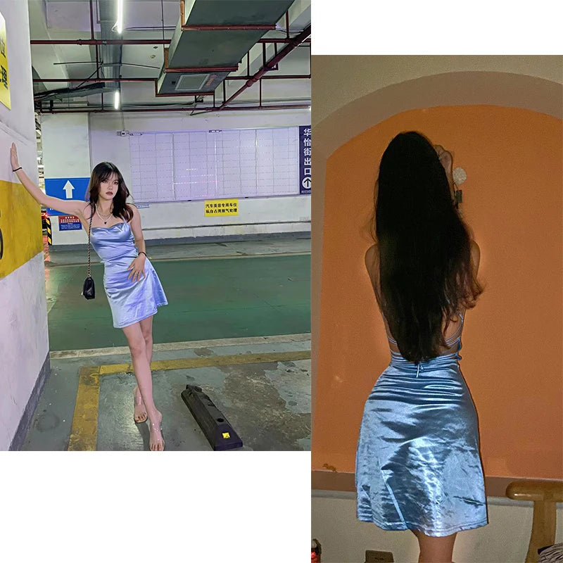 Summer Spaghetti Strap Mini Satin Dress Women Sexy Backless Bodycon Party Dress Short Club Dress