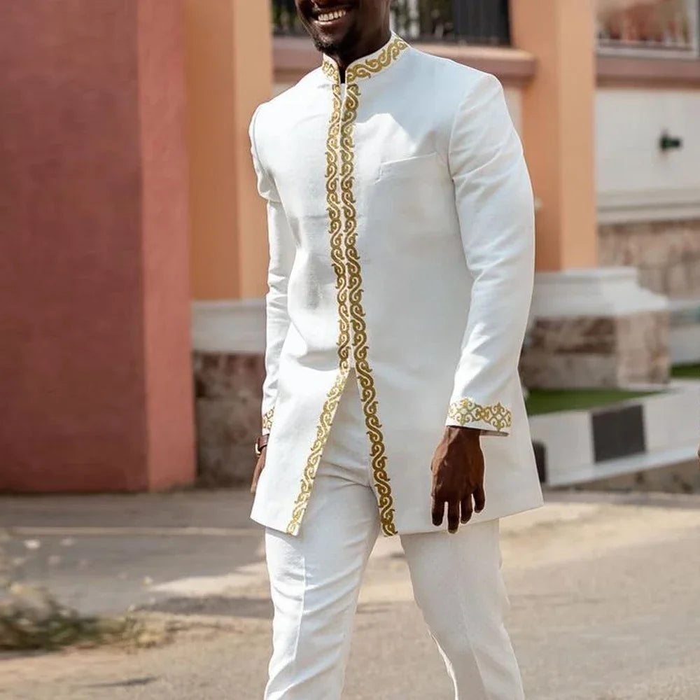 Kaftan Elegant Men's Suit Long Sleeve Ethnic Style Casual EmbroideryTop And Pants 2PCS Sets African Fashion Traditional Outfits