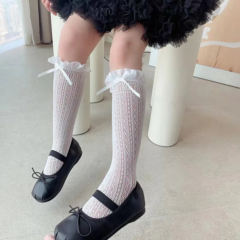 Girls Long Tube Lace Stockings Sweet Bow Jacquard Pattern Mesh Sock Baby Girl Ballet Fishing Net Frilly Socks Lolita Leggings