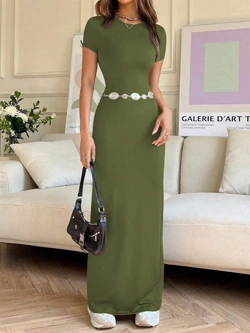 Sexy Slim Fit Short Sleeve round Neck Dress Pure Color Long Dress for Women LinJ2026 Casual European Style mid Waist Skirt