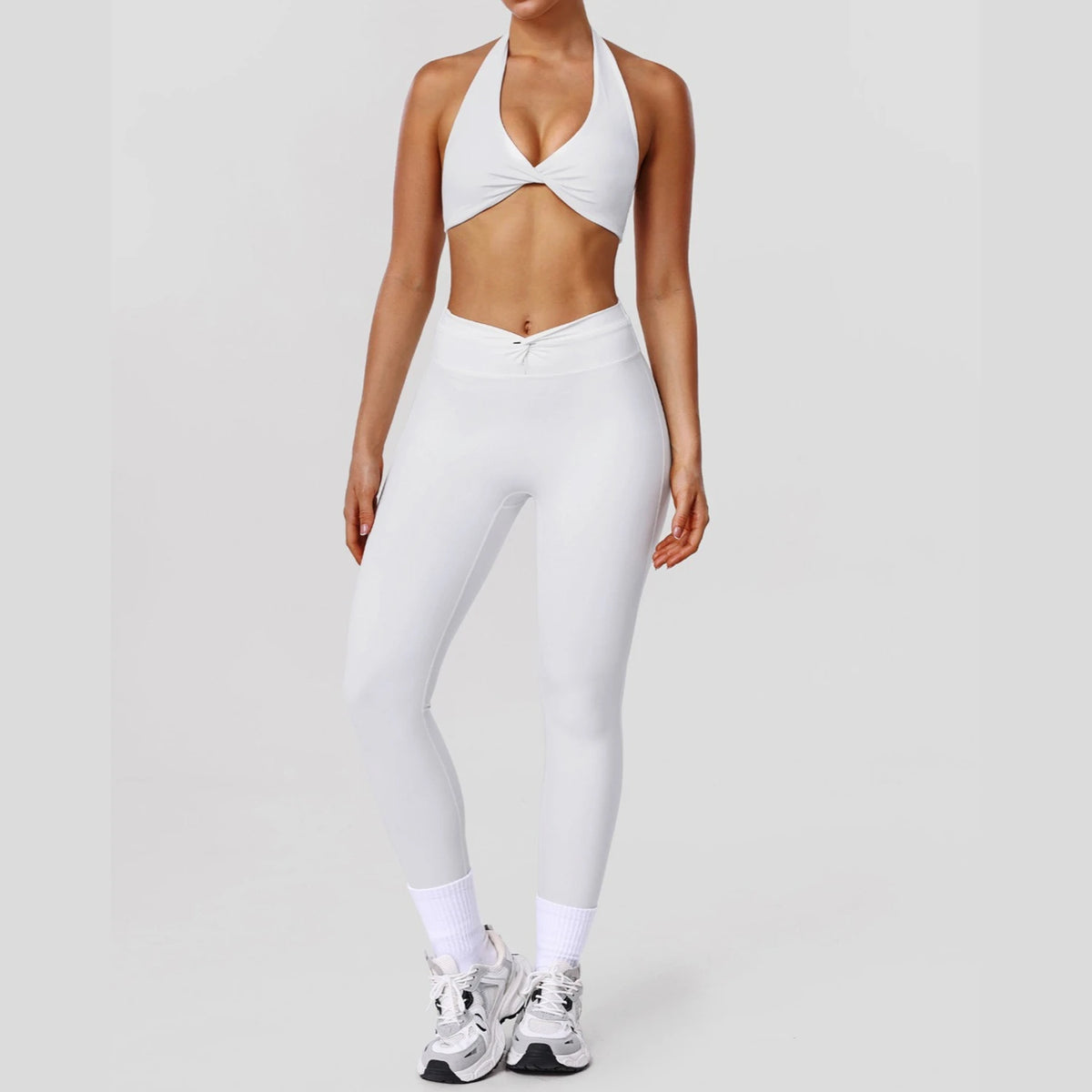 Greenora 2PCS Set Y2K Halter Neck Sports Bra Leggings Trendy Cross Waist Yoga Tracksuit Women Aesthetic White Fitness Activewear