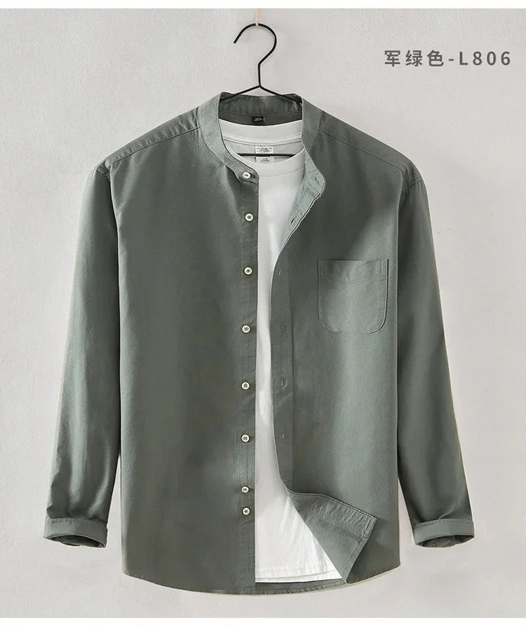 2027 Cotton Stand-up Neck Oxford Spinning Anti-wrinkle Casual  Spring  Autumn New Men's Shirt Jackets  Long Sleeve Shirt Men's