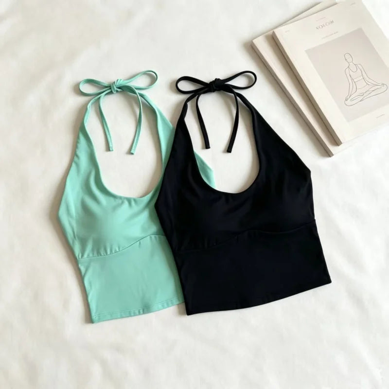 Women Halter Tie Open Back Yoga Tank Top Summer Skin-Friendly Breathable Fixed Padding Sports Bra Gym Fitness Workout Crop Top