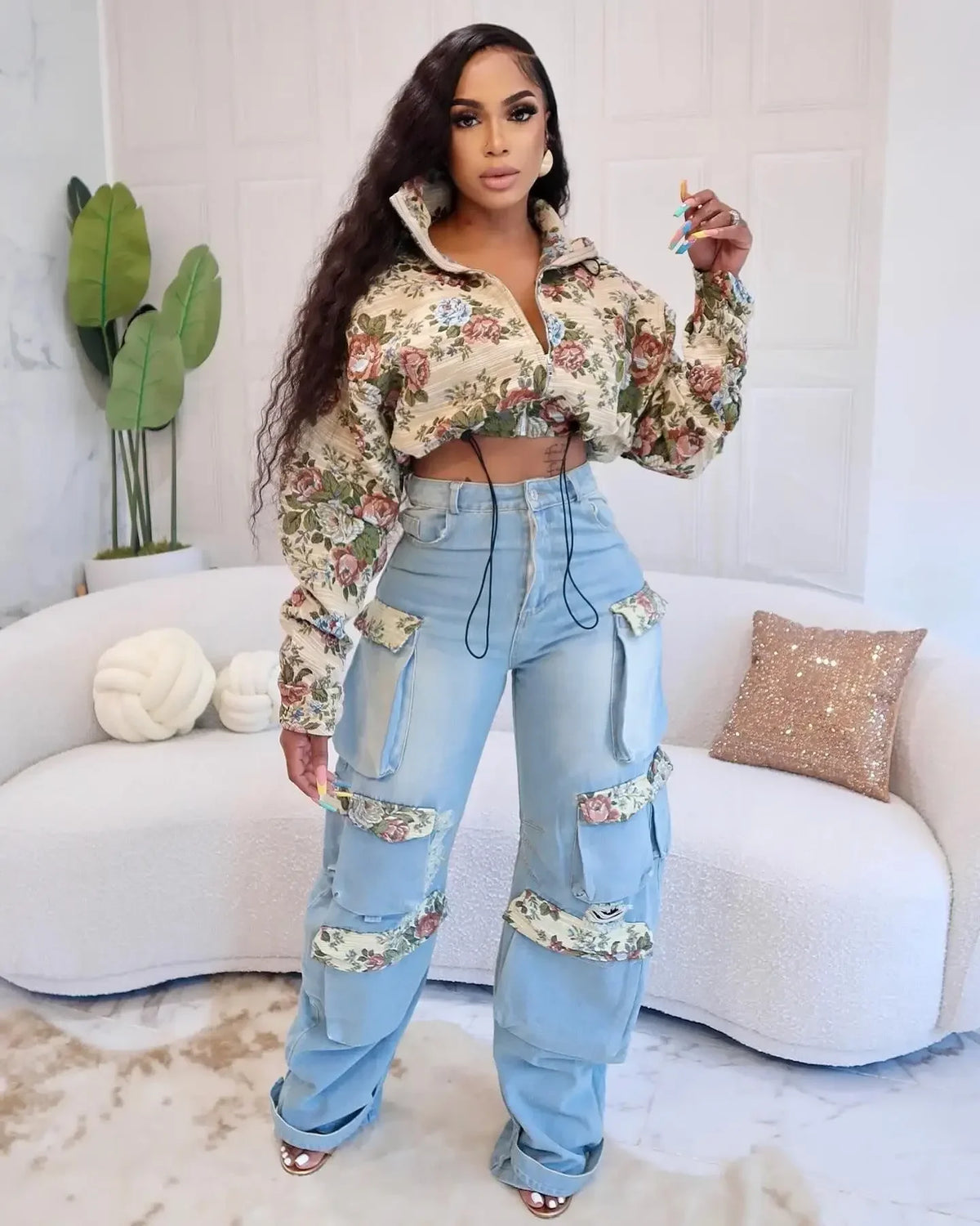 URBANCREW Floral Denim Jacket & Cargo Jeans Set — 2-Piece Streetwear