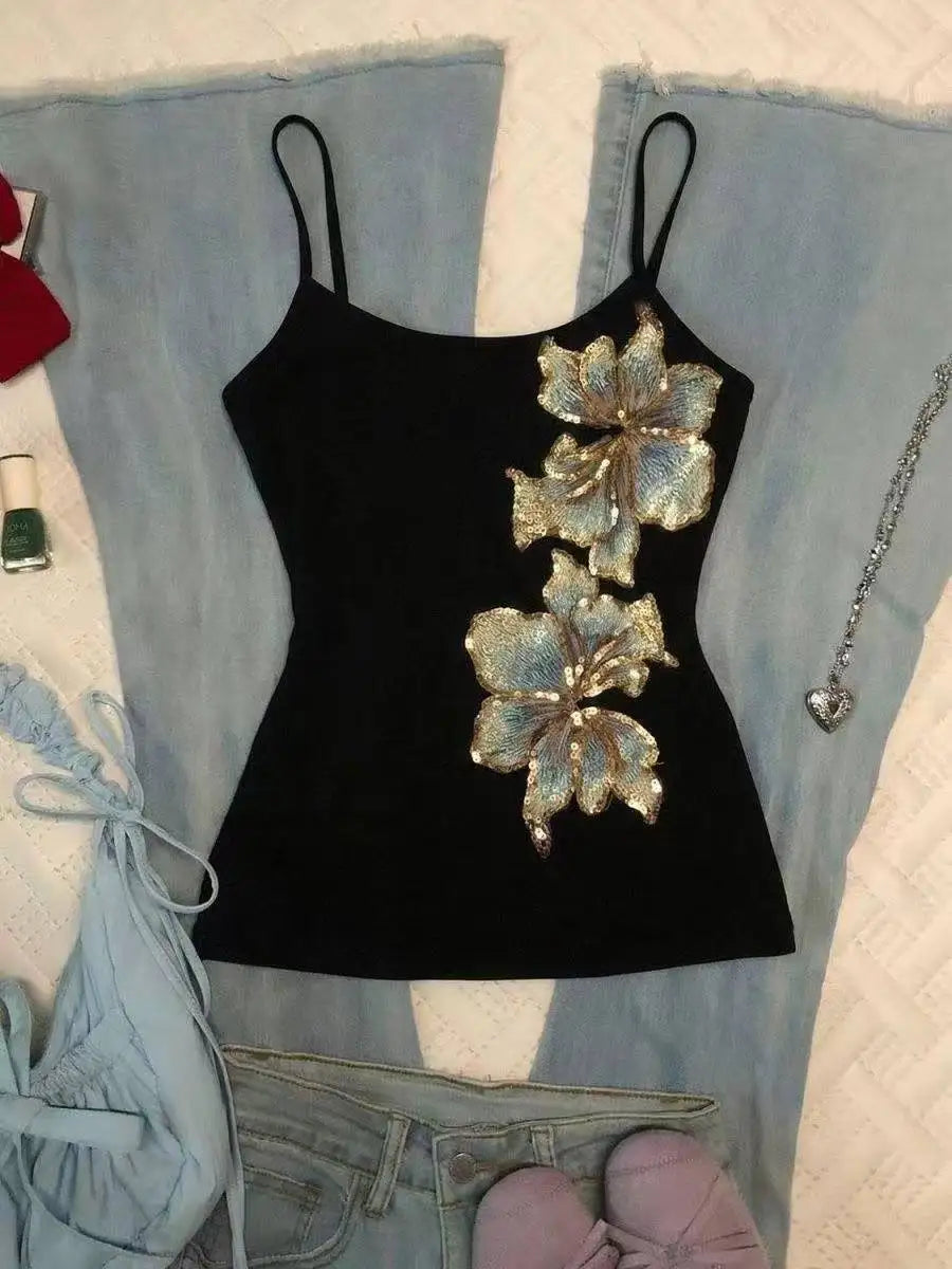 American Retro Flower Print Halter Vest Y2K Harajuku Fashion Camisole Women Streetwear Sexy Slim Sleeveless Crop Clubwear Tops