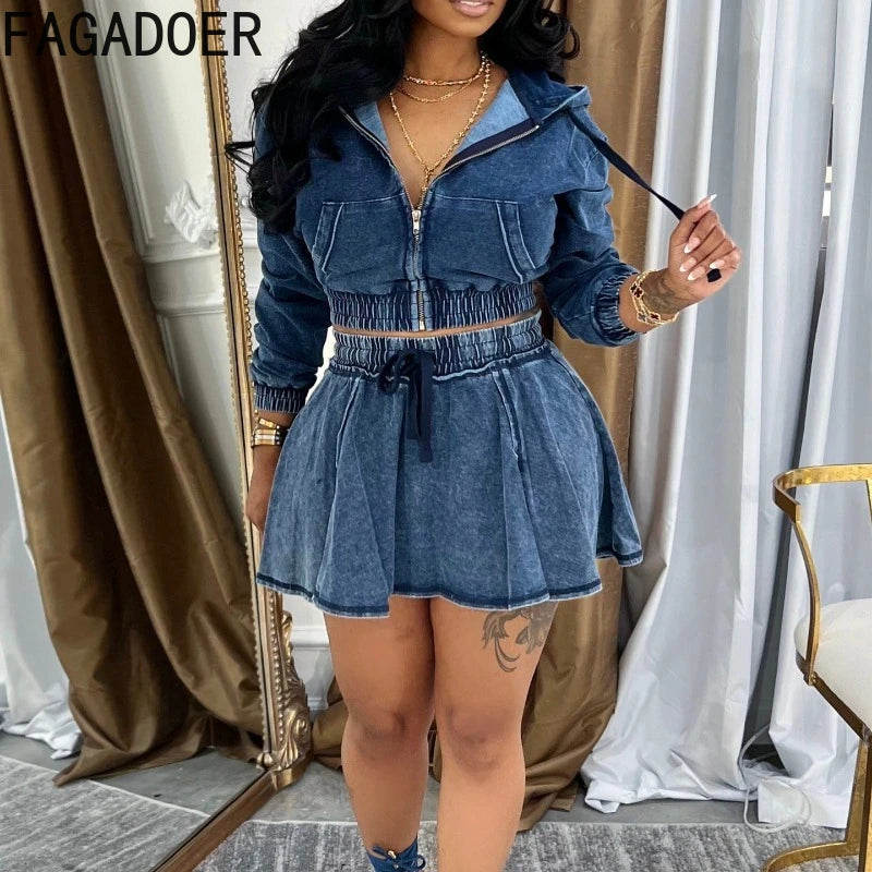 FAGADOER Fashion Denim 2 Pieces Set for Woman Wash Long Sleeve Hooded Crop Top and Pleated Skirts Matching Suits Streetwear New