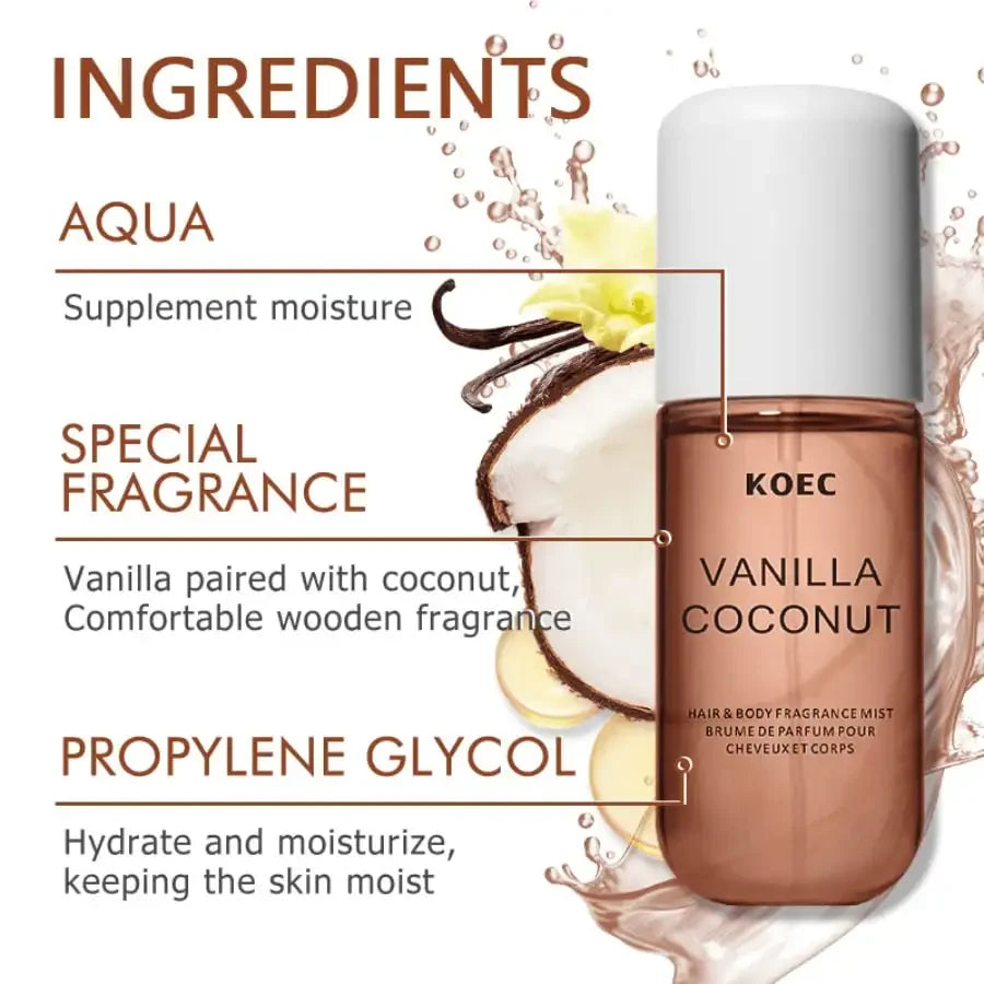 Vanilla Coconut Scent Facial Fragrance Essence Mist, Blended Vanilla Coconut & Sandalwood Notes, Long Lasting Mild Tropical Cozy Scent for Daily Facial Care