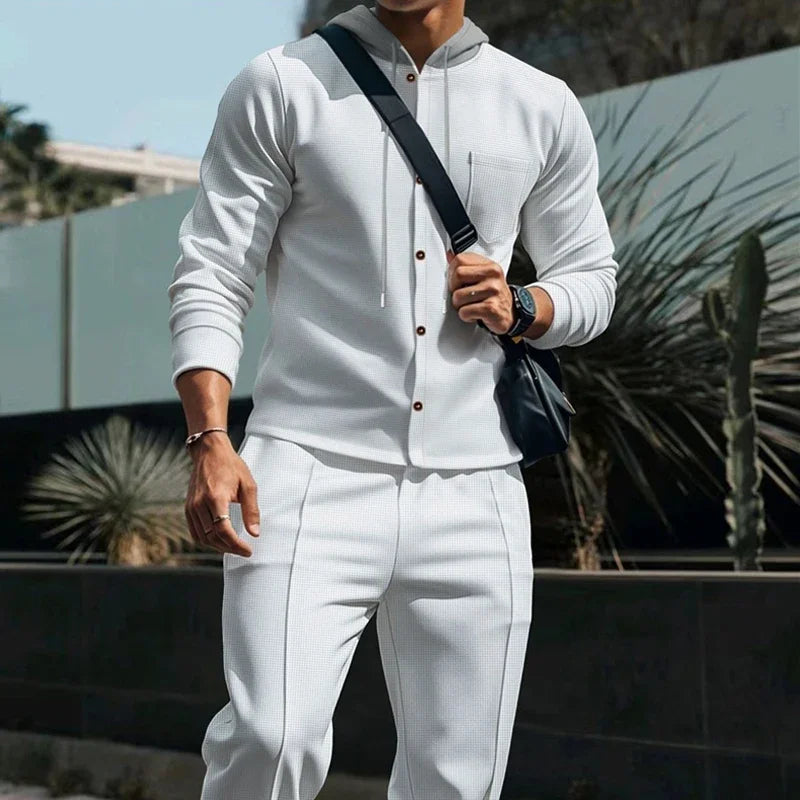 Men's American Autumn Waffle Casual Hooded Color-blocking Long-sleeved Cardigan Jacket And Trousers Set