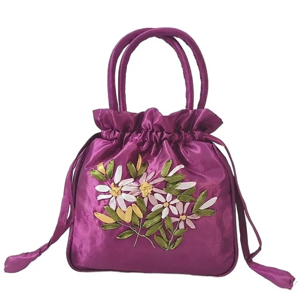 Retro Elegant Satin Silk Embroidery Totes for Women Floral Drawstring Handbag Hanfu Woman Purse Wallet Small Tote Bags
