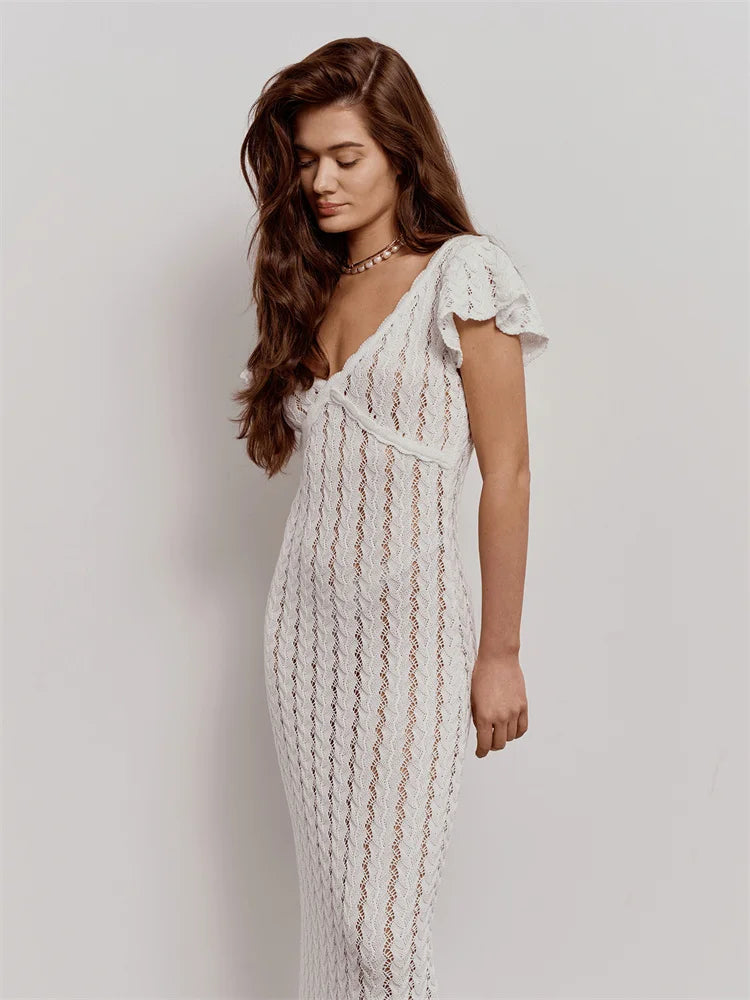 Tossy Ruffled Hollow Out Knit Long Dress Women V-Neck Fashion Patchwork See-Through Beach Holiday Dress Knitwear Female Dress