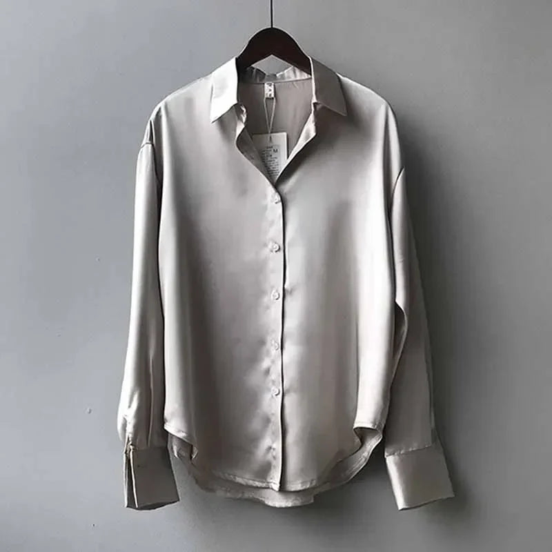 Fall Turn-down Collar Elegant Satin Loose Women Shirt 2026 Plus Size Blouse Autumn Vintage Casual Button Silk Tops