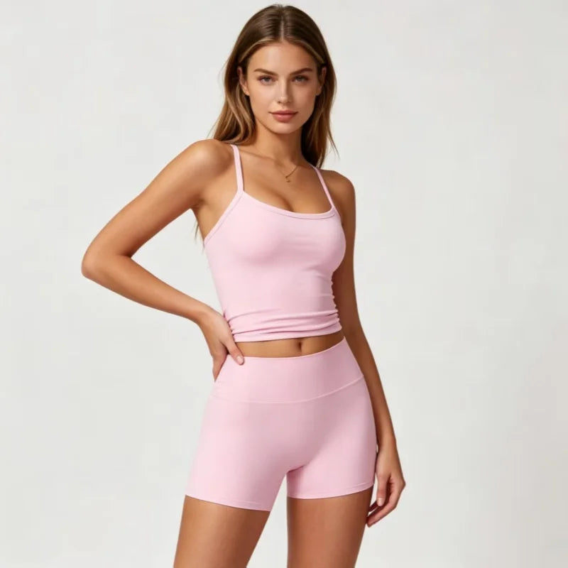 Yoga 2Pcs Women Naked Skin Set Thin Strap Beauty Back Tank High Waist Butt Lift Shorts Soft Breathable Gym Fitness Outfit