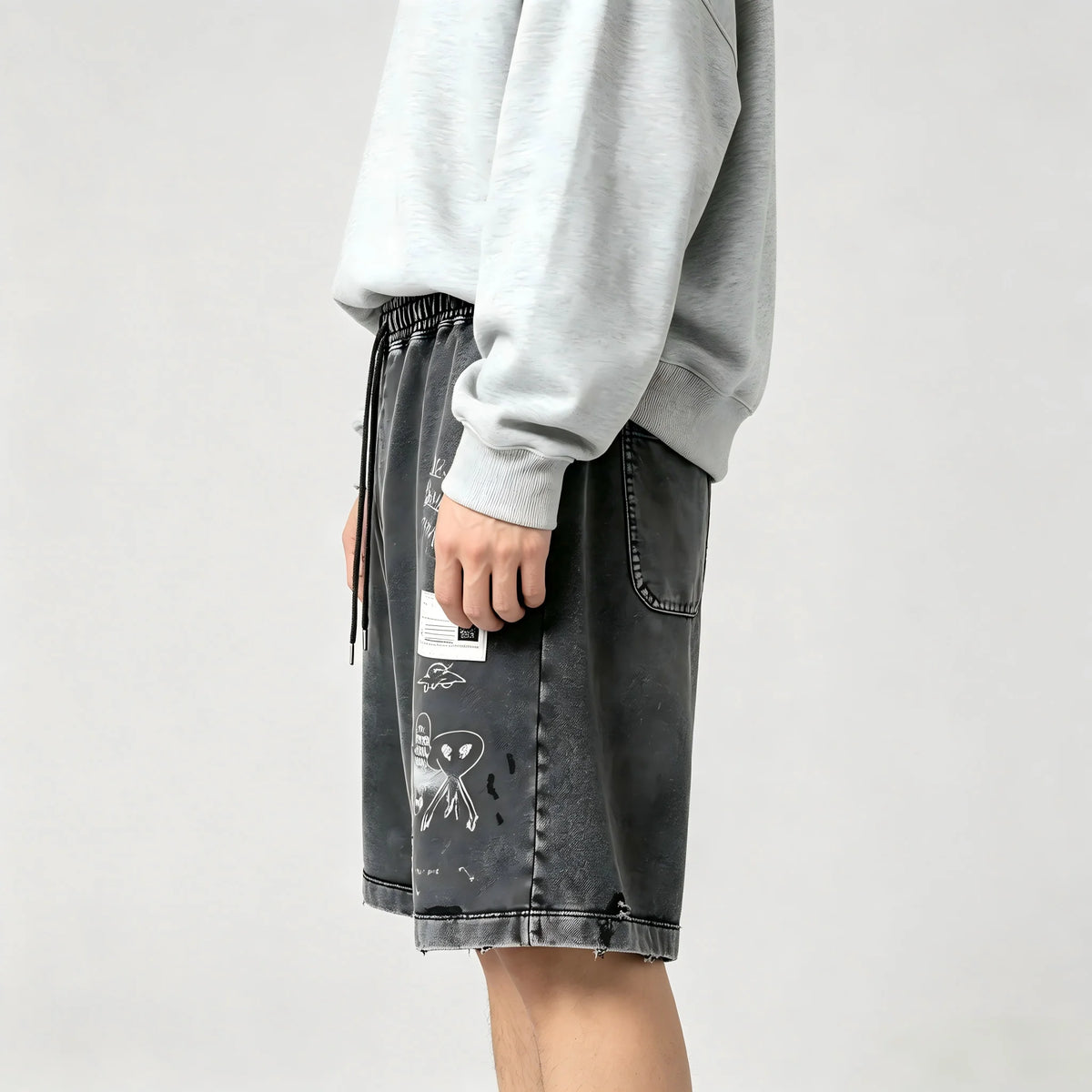 Vintage Washed Distressed Sweat Shorts Men Women Unisex American Streetwear Graffiti White Ink Digital Print Drawstring Elastic