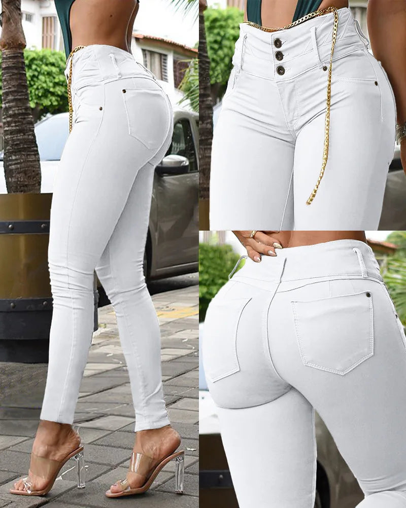 Spring Autumn New Pants Trousers Women's Solid Color High Waist Button Skinny Pants Women's Fashion Slim Fit Pencil Pants