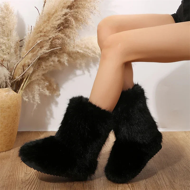 Women's Winter Snow Boots Outdoor Luxury Furry Faux Fox Fur Boots Woman Plush Warm Platform Shoes New Fashion Bottes Big Size