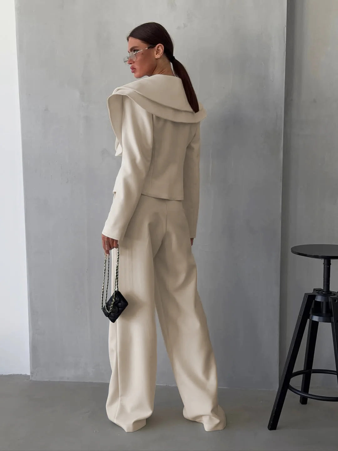 Chic Big Lapel Coat Pants Women Set Elegant Full Sleeve Single Breasted V-neck Straight Loose Trousers Solid Autumn Fashion Set