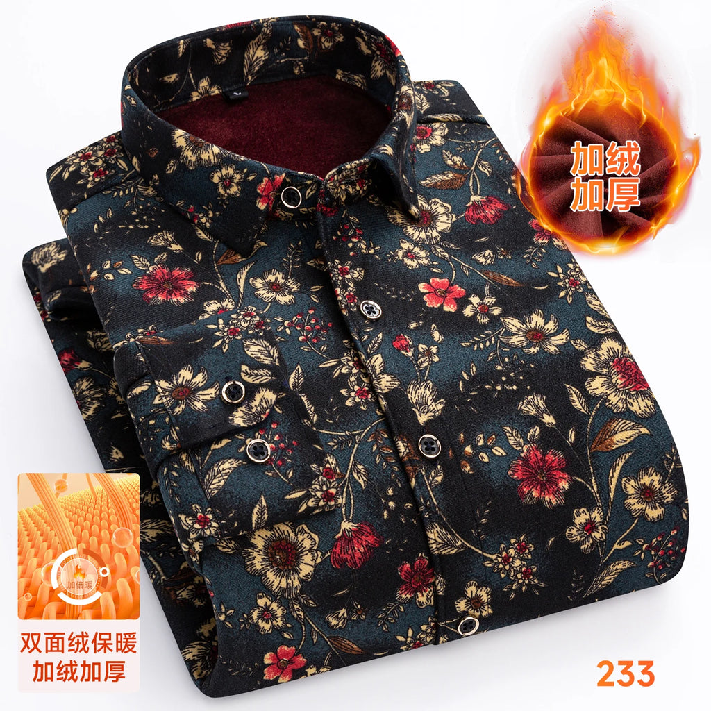 2025 Men's Winter Warm Shirts Long Sleeve Plaid Print Flower Autumn Thickened Fleece Street Trend Casual Dress Shirts 8XL 7XL