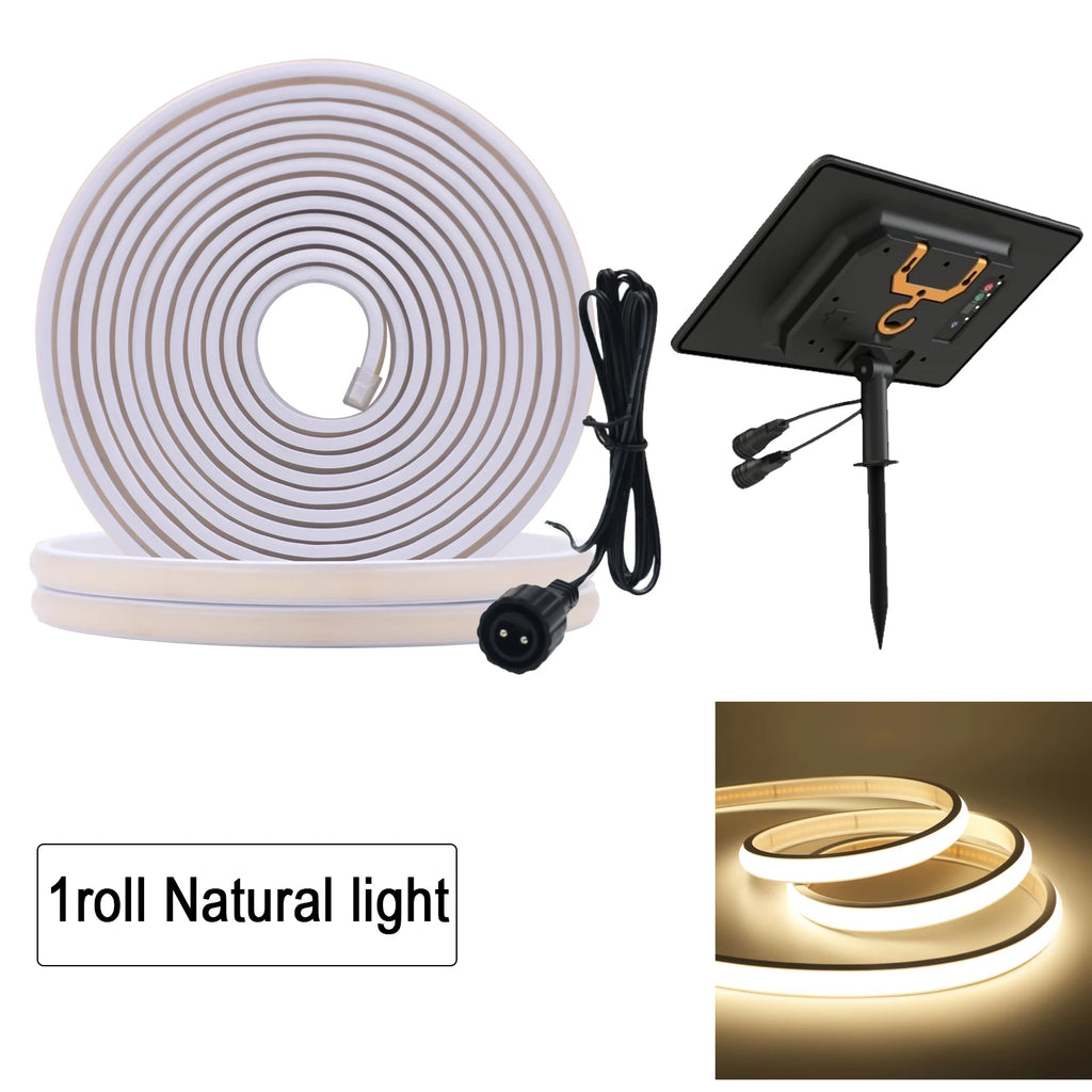 24V COB LED Solar Strip Outdoor Waterproof Neon Light 320LEDs/m Flexible Rope Light Warm Natural White Courtyard Home Lighting
