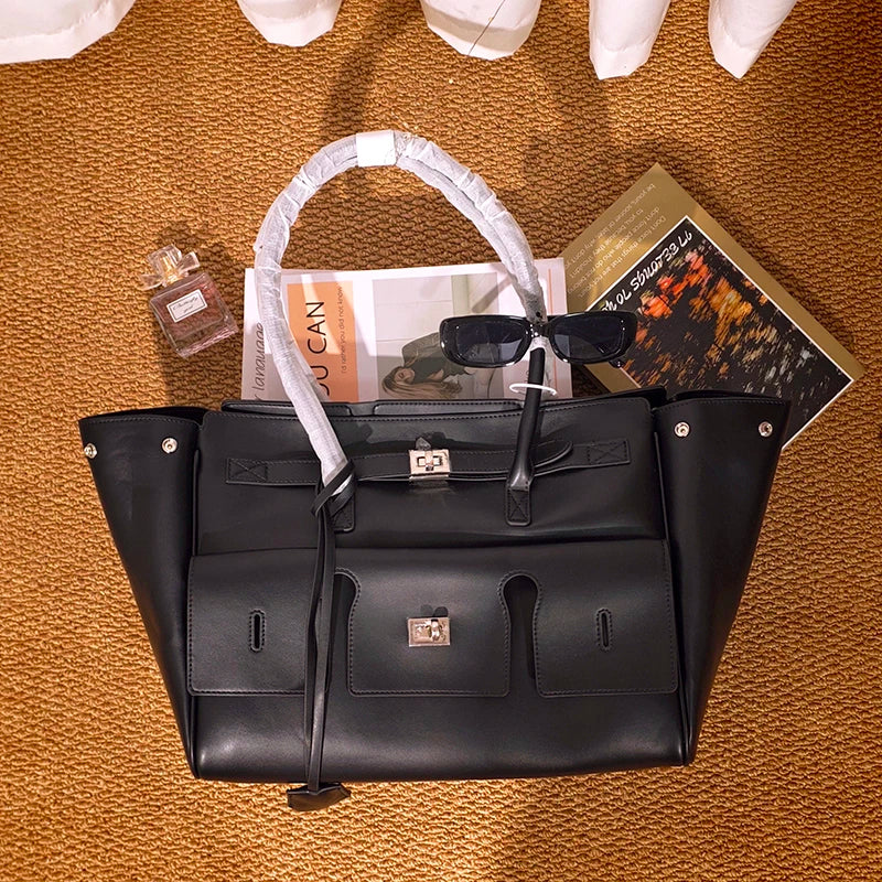 High-quality Soft PU Leather Brand Tote Bag, Lock Design Large-capacity Storage Handbag, Women Commuter Shoulder Bag For Daily