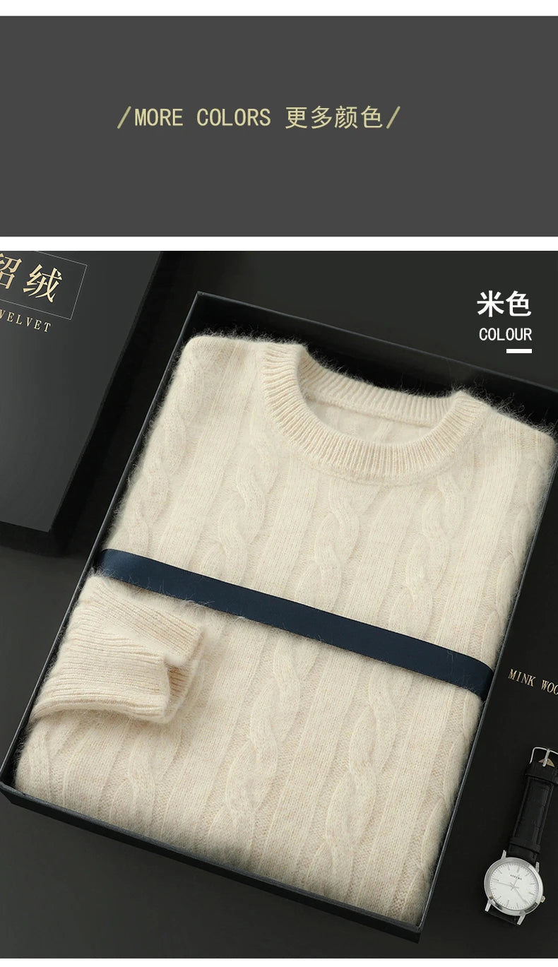 Men's Round Neck Pullover Sweater For Autumn Winter 100% Pure Mink Cashmere Knitted Sweater, Casual Long Sleeved Thick Warm Base